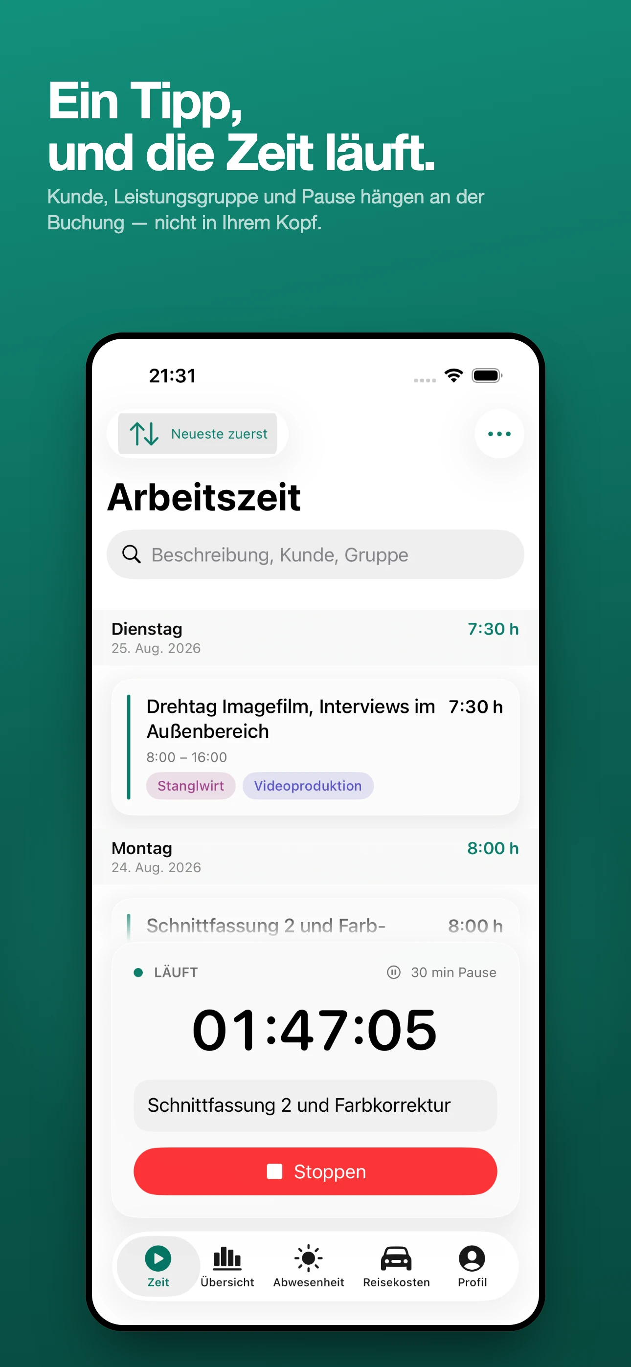Zeitmeister app — timer screen