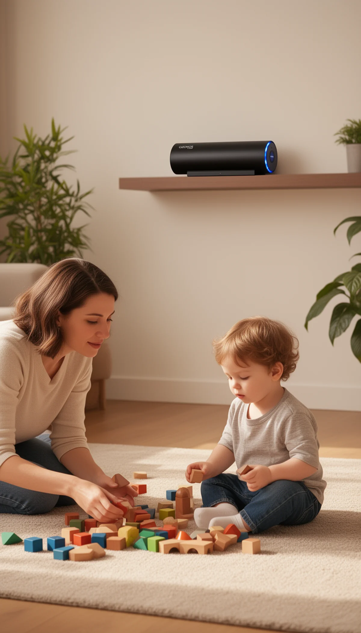 KI-generiertes Produktfoto — Gerät dezent im Hintergrund auf Regal, Mutter und Kind spielen im Vordergrund