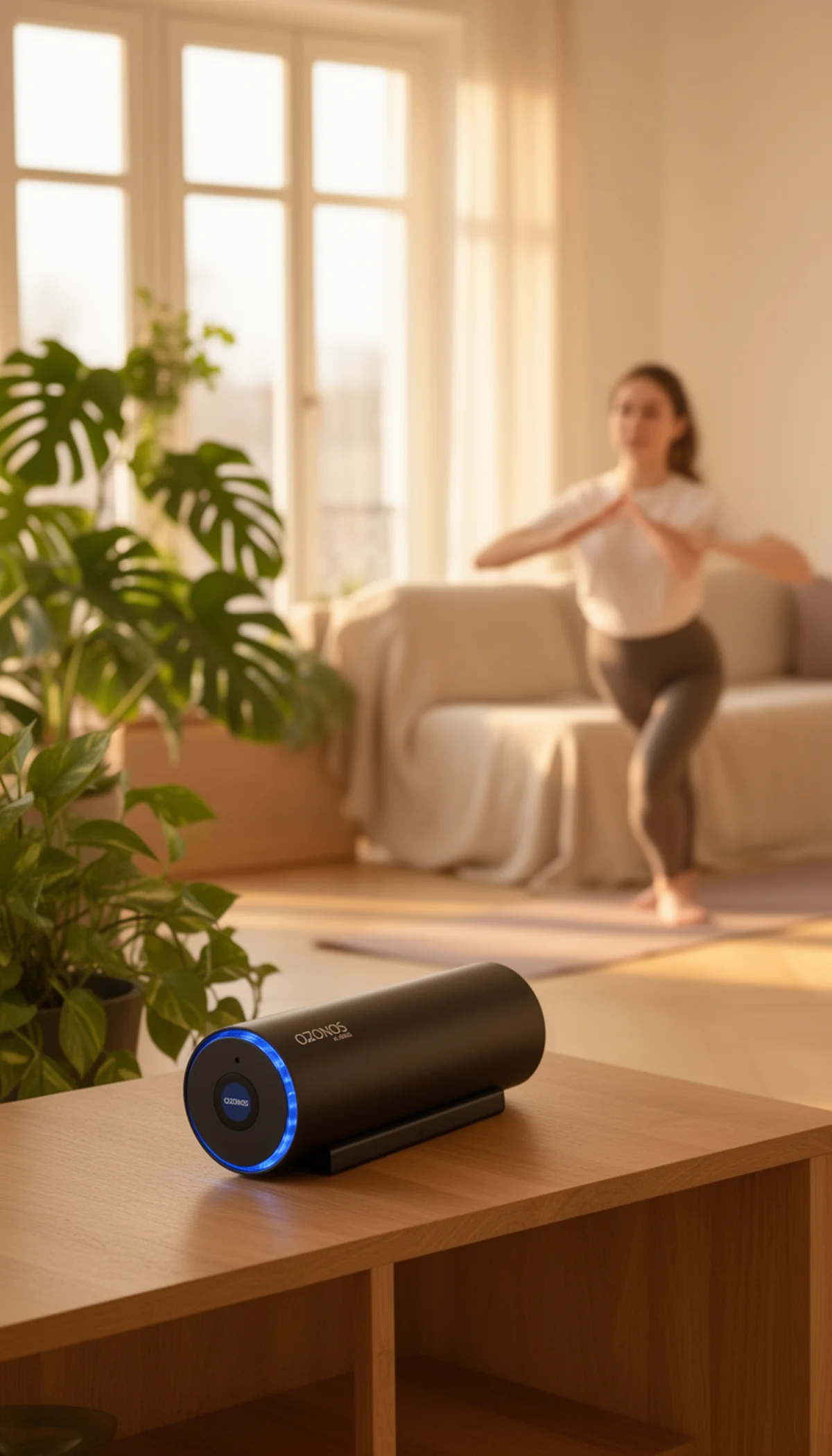 KI-generiertes Produktfoto — Gerät im Vordergrund auf Sideboard, Yoga-Szene im Hintergrund