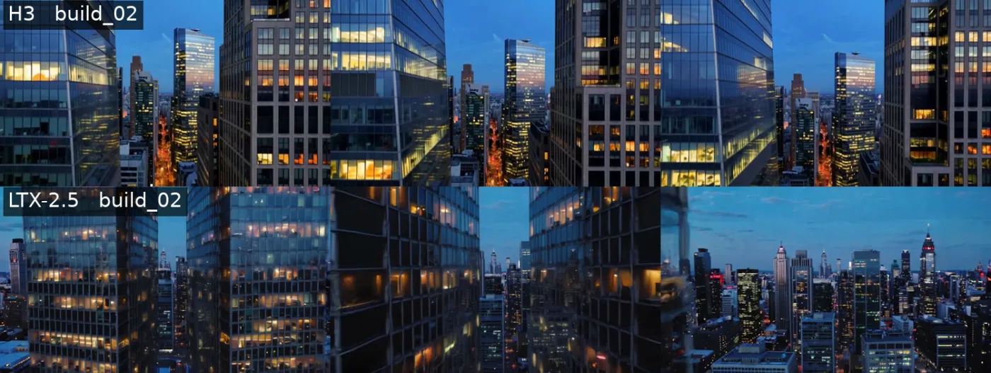 Vertical drone ascent: H3 stays between the towers, LTX climbs through to the reveal