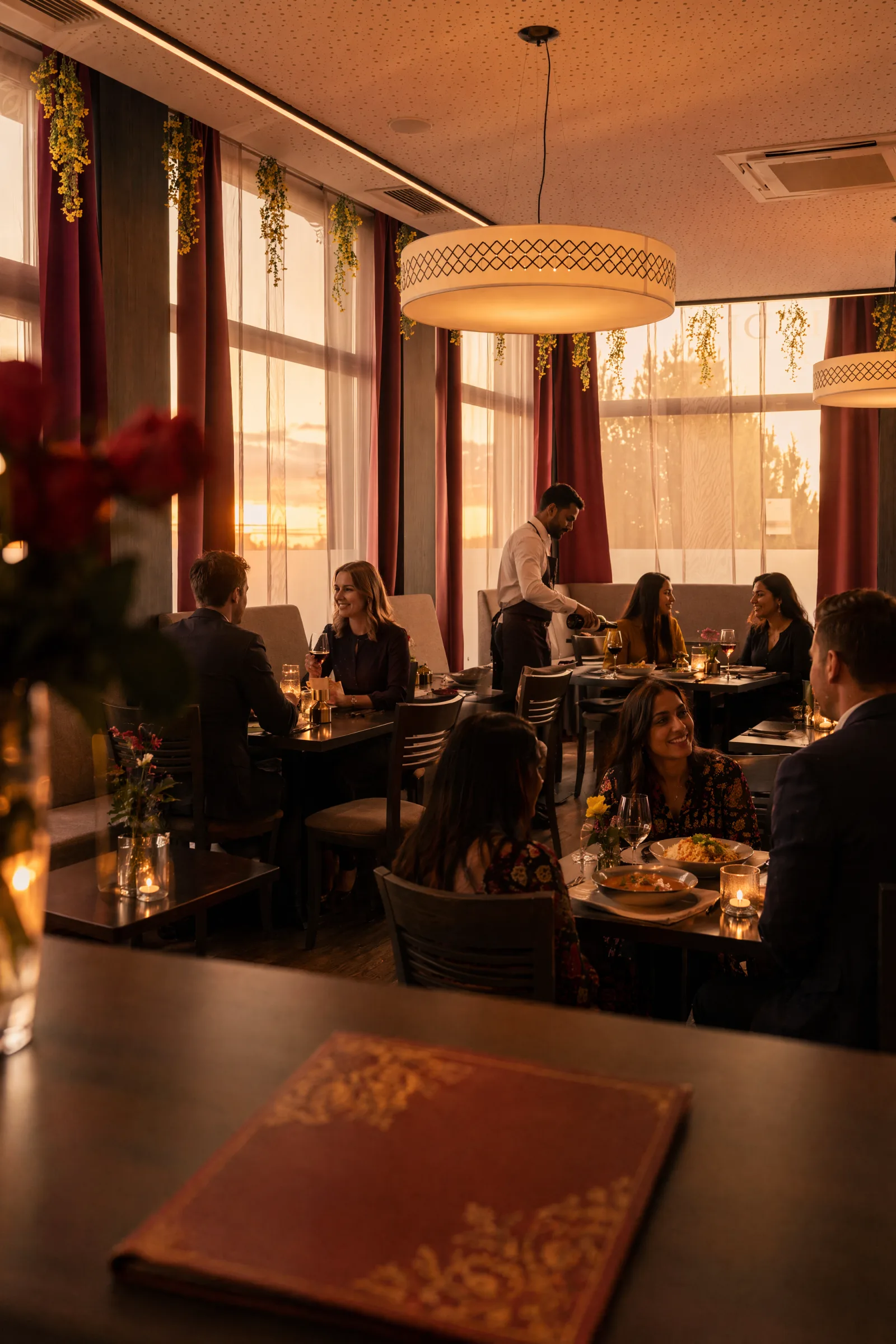 After: Indisches Restaurant in Wien — leerer Speisesaal mit roten Vorhängen und gelben Blumengirlanden